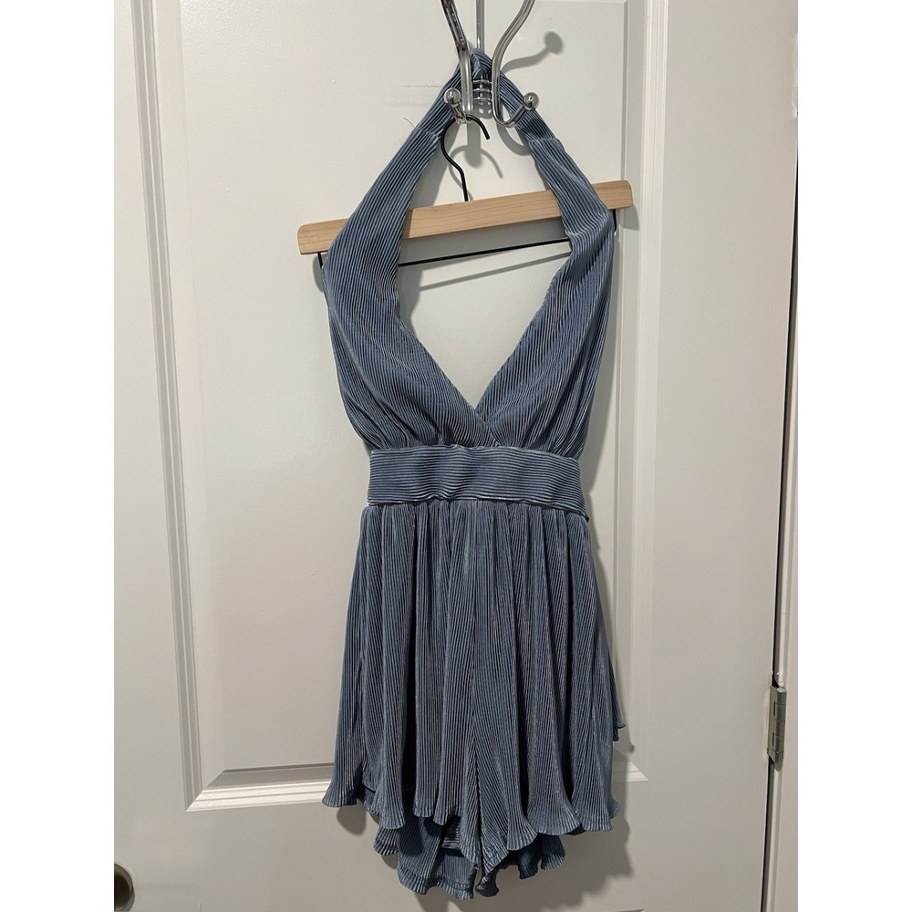 Fashion Nova Paulina Plisse Romper - Dusty‎ Blue - Size XS - NWT